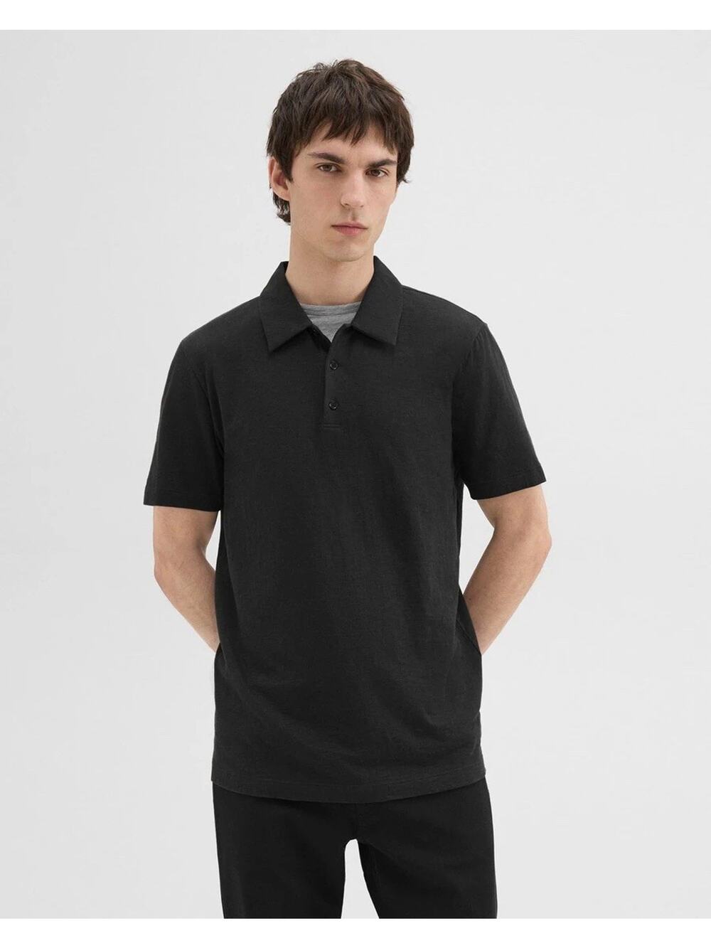 Theory Bron New Snaplight Black Polo Shirt 100% Pima Cotton READ Mens Large